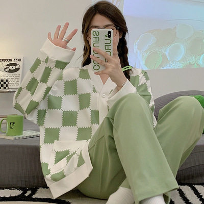 格子睡衣女款春秋季2026年新款开衫长袖大码秋冬家居服套装可外穿
