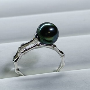 大溪地珍珠竹节戒指正品 时尚女款黑绿色戒指 百搭活口可调节指环