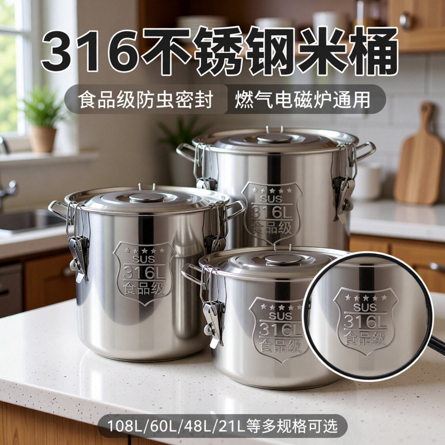 316不锈钢米桶储米桶米缸无磁防虫家用面粉桶水桶汤桶圆桶收纳盒