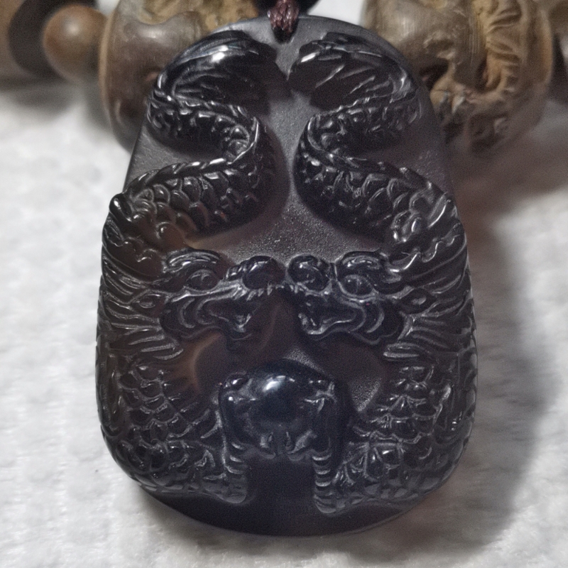 冰种黑曜石玄龙抓珠吊坠三合天乙贵人生肖龙挂件男女生日礼物饰品