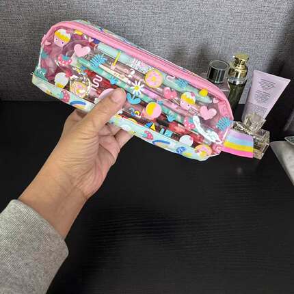 四件包邮 出口尾货 透明可爱儿童学生笔袋化妆包双兜整理袋