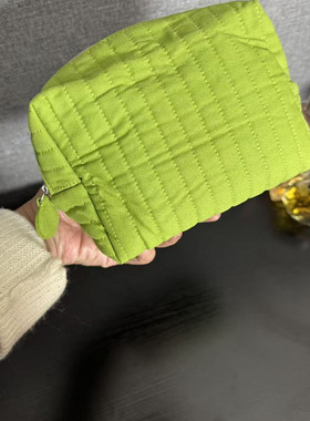 四件包邮 出口尾货 棉布绿色加棉化妆包随身便携竖条车线包中包