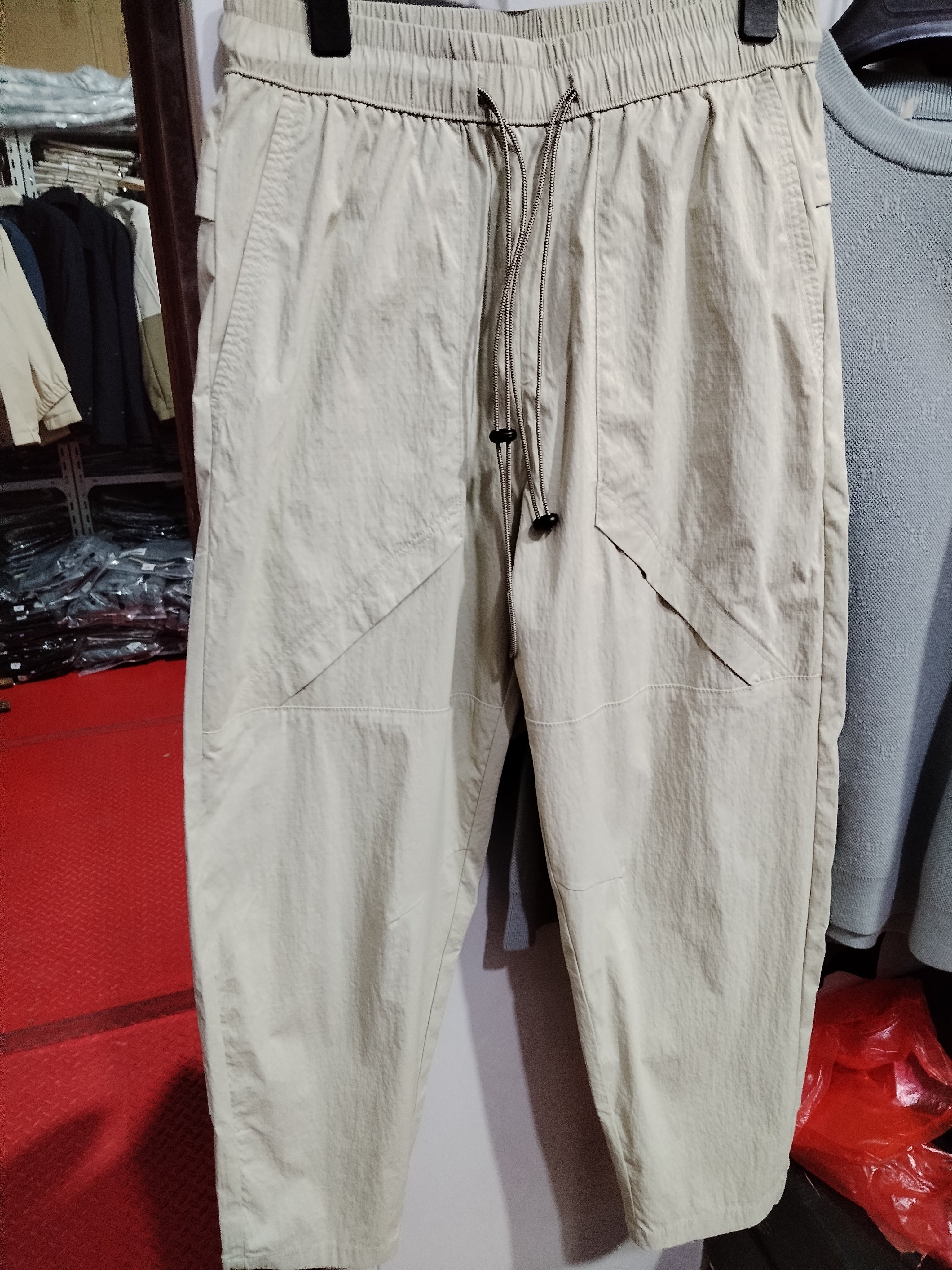 夏季薄款男士休闲裤 时尚百搭松紧腰锥形平角运动裤 工装风九分裤