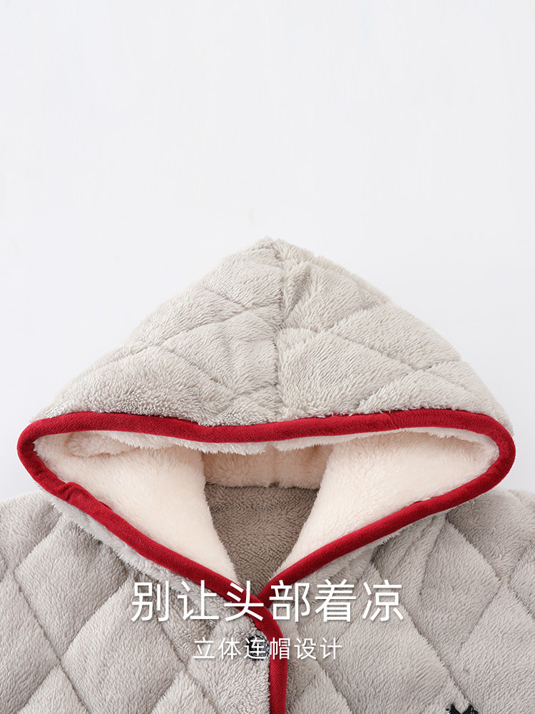 FENTEN KEAN DRESSING GOWN WOMENS WINTER THREE-LAYER THICKENED CORAL VELVET JACKET AND FLEECE FLANNEL LOUNGEWEAR