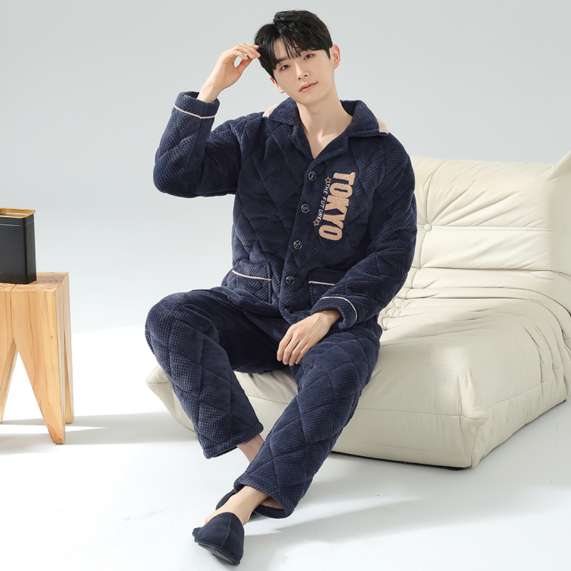 男士睡衣秋冬季珊瑚绒三层夹棉加绒加厚保暖法兰绒家居服外穿套装