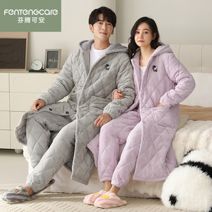 芬腾可安情侣睡衣女款冬季珊瑚绒三层夹棉睡袍长款男士家居服套装