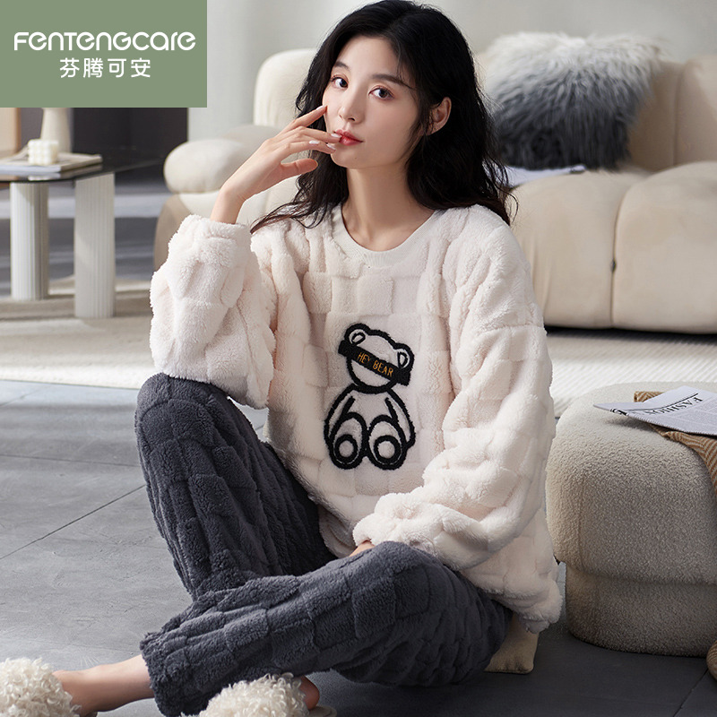 芬腾正品睡衣女冬加厚加绒法兰绒