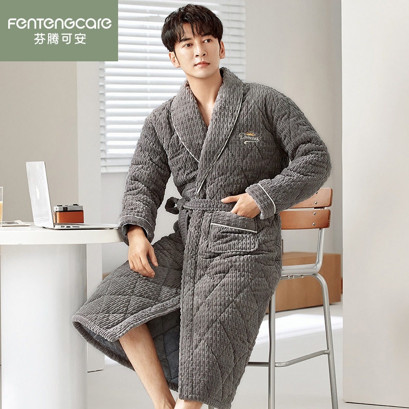 芬腾可安珊瑚绒睡衣男士冬季加厚加绒三层夹棉长款睡袍法兰绒保暖