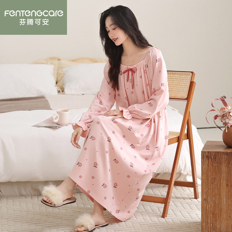 芬腾可安睡裙女春秋季纯棉长袖中长款甜美少女公主风家居服连衣裙