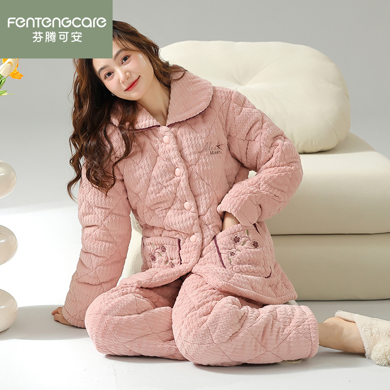 芬腾正品冬季加厚女士珊瑚绒睡衣