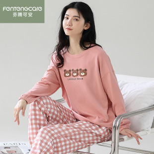 芬腾可安女士纯棉睡衣春秋圆领套头简约休闲卡通可外穿甜美家居服