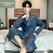 薄款 中长款 纯棉长袖 男士 浴袍浴衣 睡袍加大码 芬腾可安睡衣男春秋季