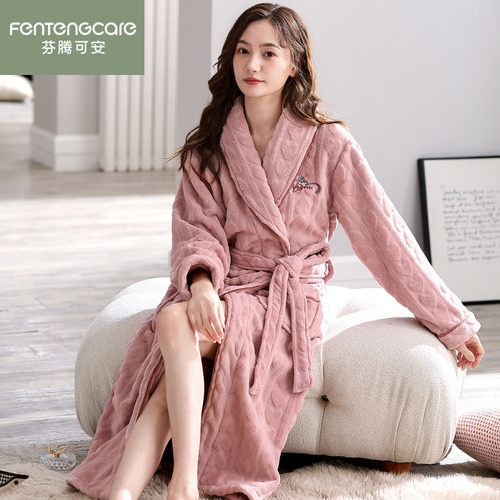 芬腾正品冬加厚保暖法兰绒女睡袍