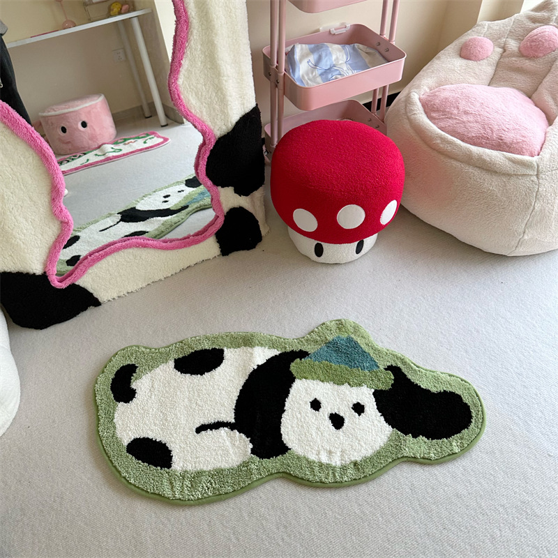 绿帽小狗植绒地毯客厅卧室加厚隔凉床边毛绒地毯家用吸水防滑地垫