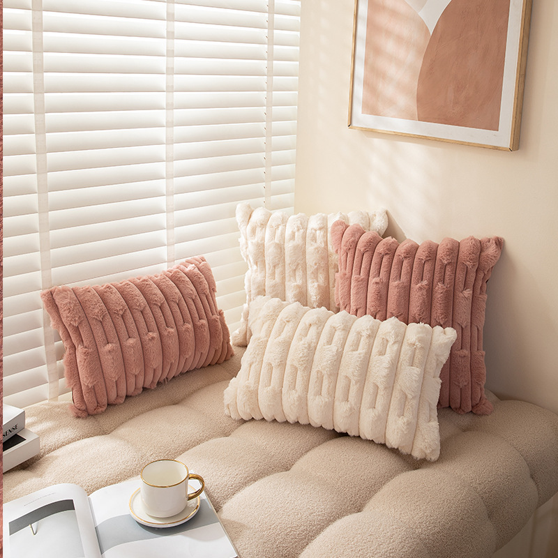 跨境亚马逊北欧ins风纯色链条编花胖条抱枕套兔毛绒床头沙发靠枕