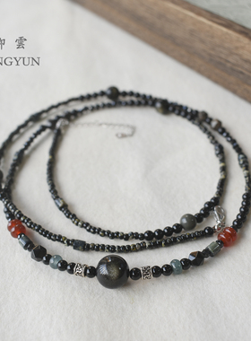 藏风黑耀石转运珠项链女