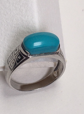 云盖寺原矿瓷蓝绿松石 玉化料戒指 Pt铂金镶嵌 16-17圈口可配地大
