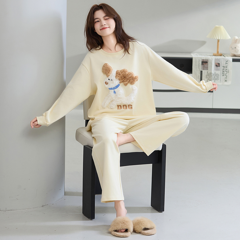 女士睡衣春秋季纯棉长袖长裤卡通可爱加大码宽松秋冬款家居服套装