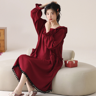 睡衣家居服春秋款 睡裙女款 红色本命年女士宽松大码 秋冬季 纯棉长袖