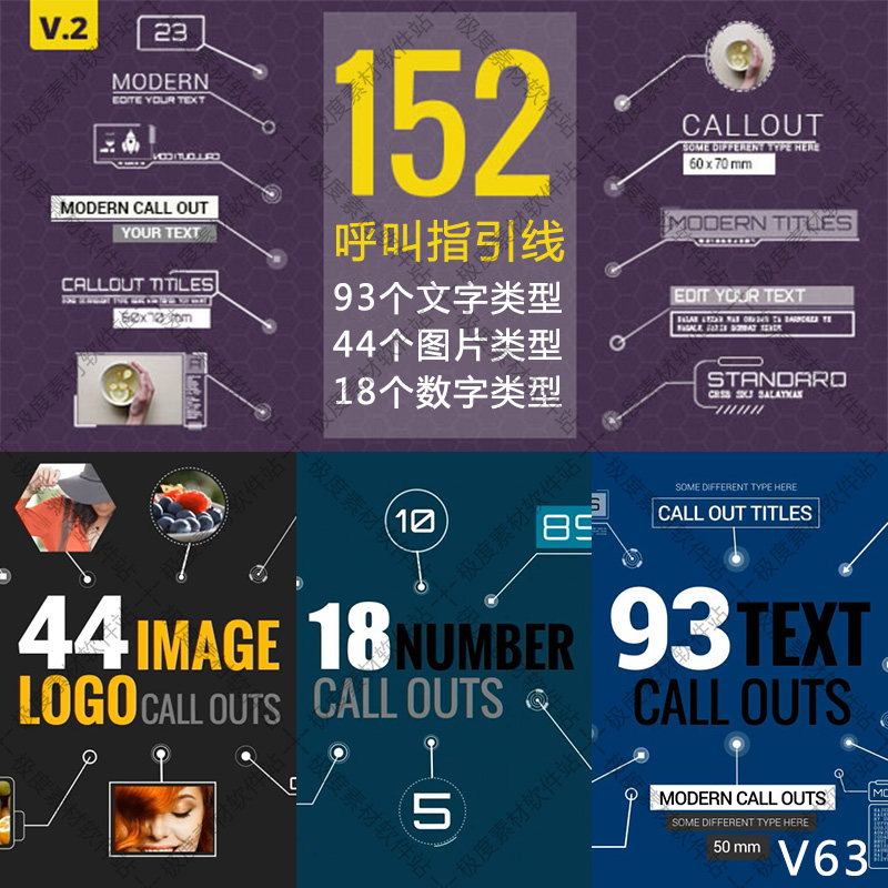 AE模板 152组科幻感呼叫指引线文字标题图像数标注解说明动画