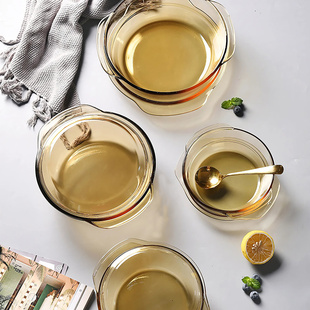 琥珀色耐热玻璃碗简约风沙拉碗微波炉加热透明汤碗饭碗打蛋泡面碗