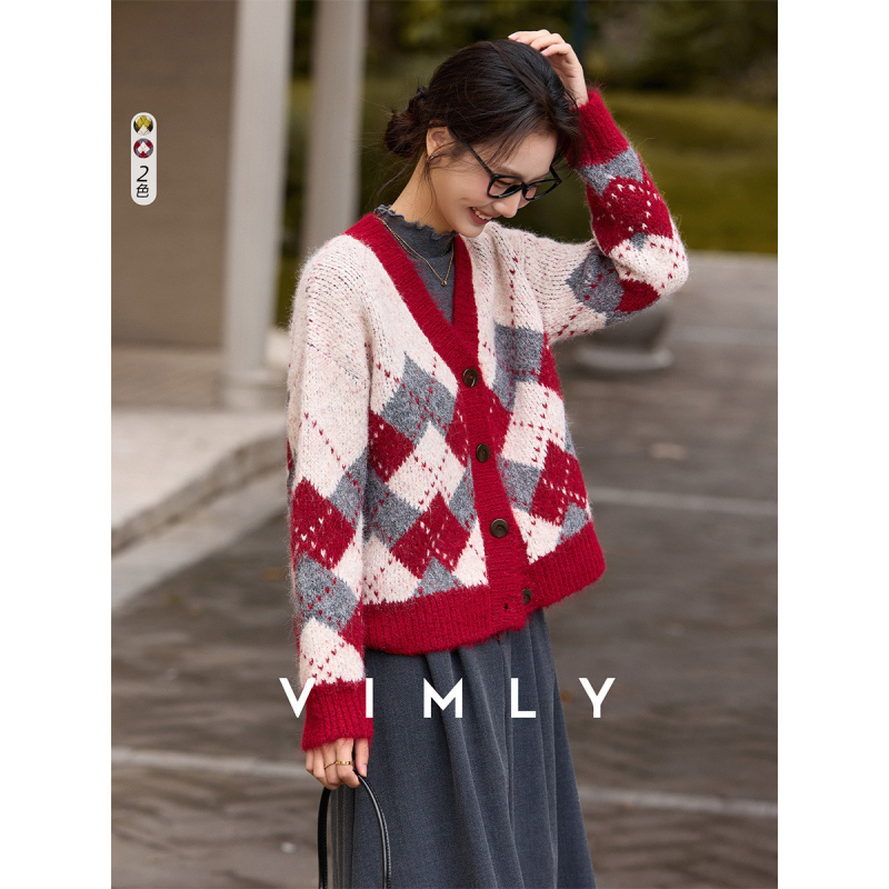 梵希蔓复古撞色菱格2025年冬装毛衣外套时尚休闲厚款保暖针织衫