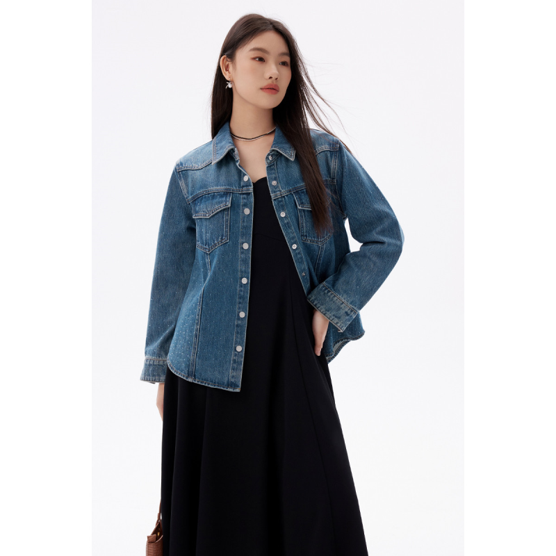 独束大码烫钻丹宁复古牛仔衬衫2025春装宽松显瘦上衣气质通勤外套