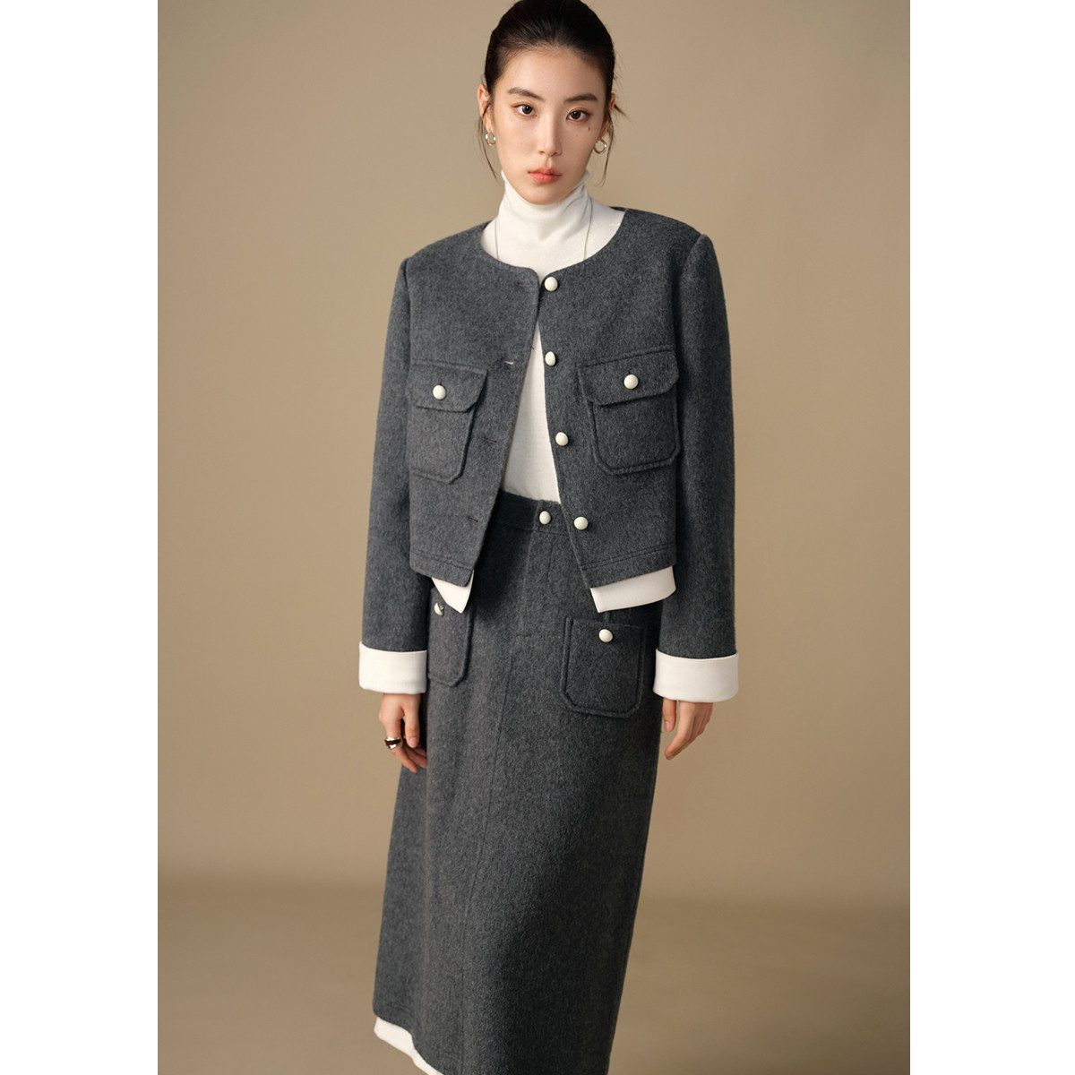 独束大码小香风撞色拼接精致毛呢外套女冬款穿搭毛呢上衣