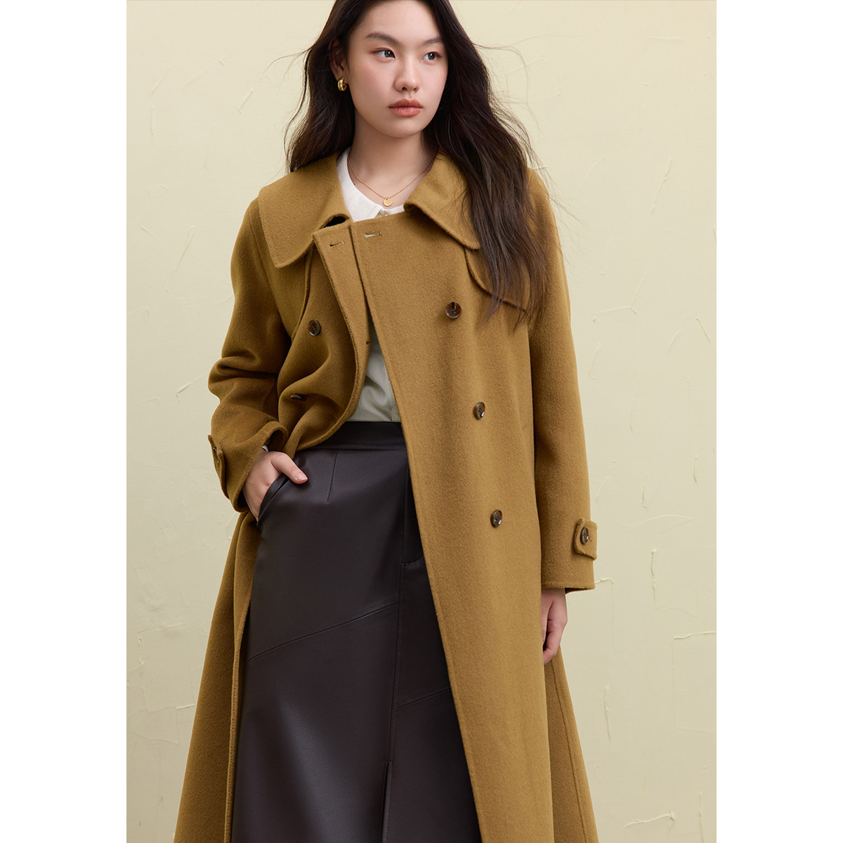 独束大码女装风衣式双面呢大衣冬装娃娃领咖驼色随性呢子大衣