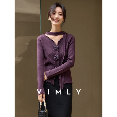 梵希蔓立体花朵2025年秋冬装木耳边设计正肩修身显瘦V领针织衫