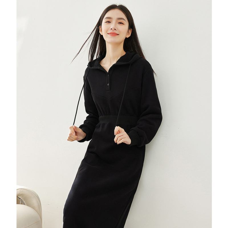 梵希蔓加绒连帽卫衣连衣裙秋冬款时尚落肩长袖保暖直筒裙