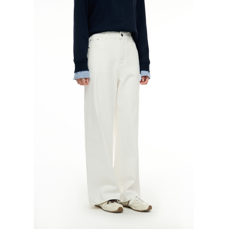 独束大码女装白色简约宽松牛仔裤春季通勤高腰休闲裤