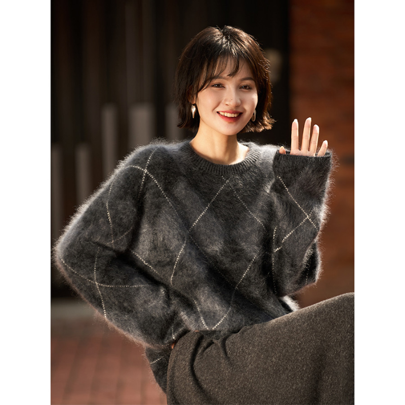 笑涵阁高克重拉毛羊绒毛衣丨100山羊绒菱形格提花羊绒衫2025冬季