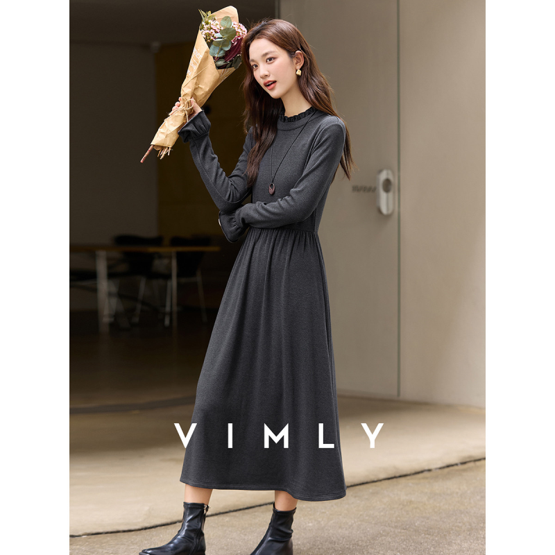 梵希蔓气质荷叶边2025年秋冬款A字裙优雅淑女纯色百搭连衣裙女