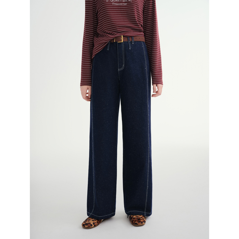 独束大码【侧缝前移】撞色明线牛仔裤2025冬款百搭拱针工艺阔腿裤