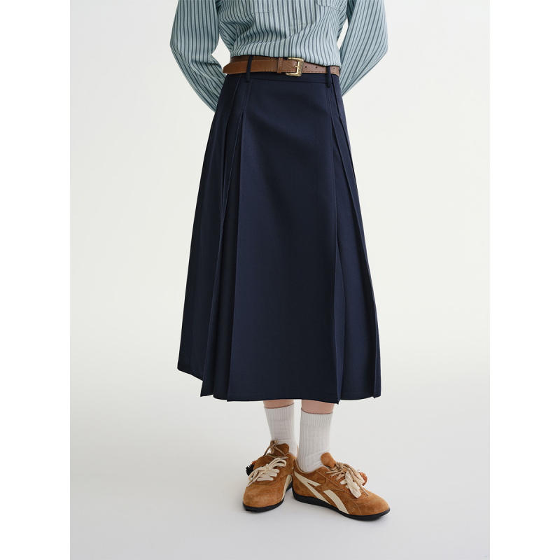 独束【深蓝压褶】通勤高腰百褶裙长裙2025冬装微胖MM气质半身裙