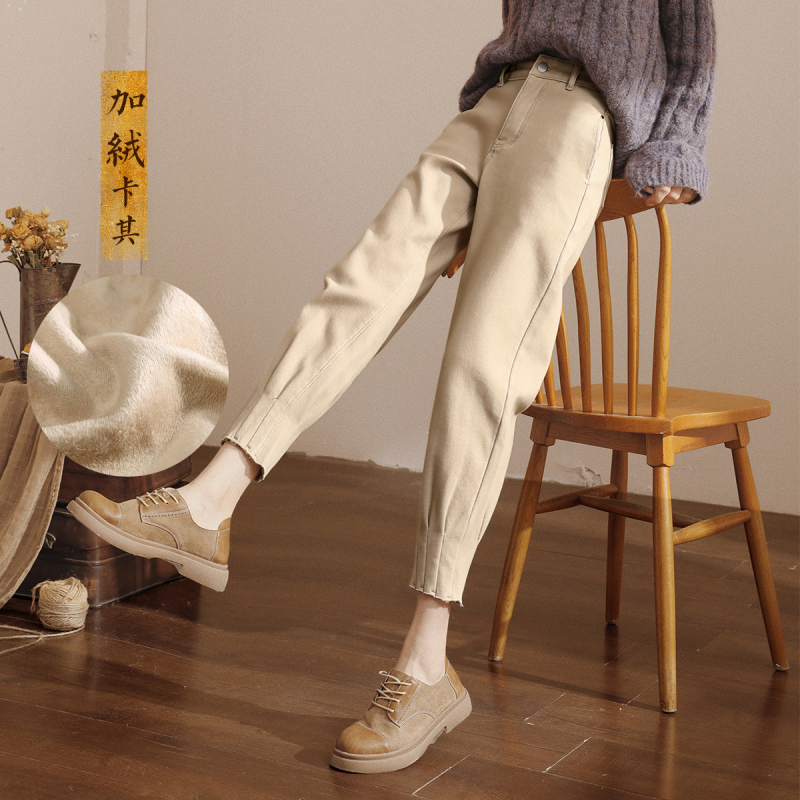 嬉皮少女高腰加绒牛仔裤冬款简约褶皱小脚束脚裤宽松九分哈伦裤子,户外/登山/野营/旅行用品,其他户外服装,淘宝优惠券,粉丝福利购,淘宝优惠卷