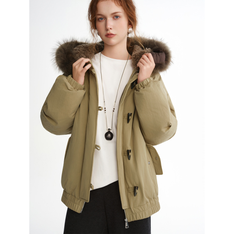 独束大码冬日暖炉牛角扣貉子毛领羽绒服冬季短款派克服保暖外套