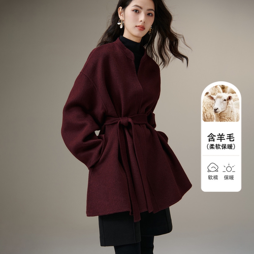 晚白【系带收腰超气质羊毛外套】2025冬季新款复古新年圣诞大衣女