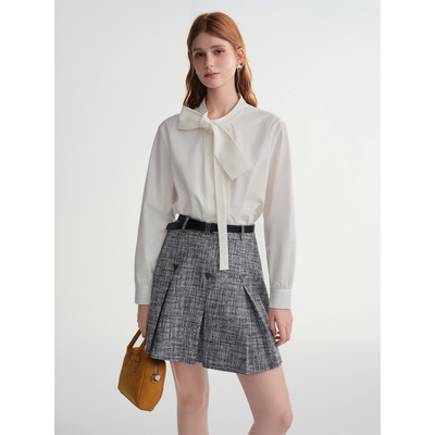 独束大码女装【纯白意境】不规则蝴蝶结绑带衬衫秋冬休闲百搭上衣