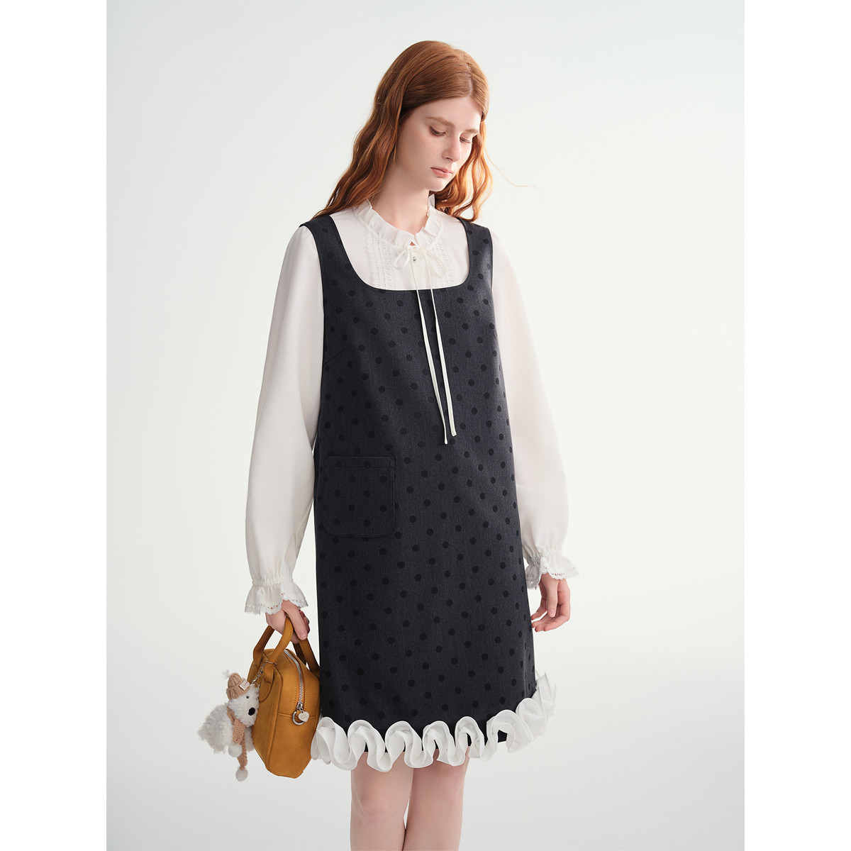 独束大码女装波尔卡舞曲波点印花撞色花边背心裙冬季设计感中长裙