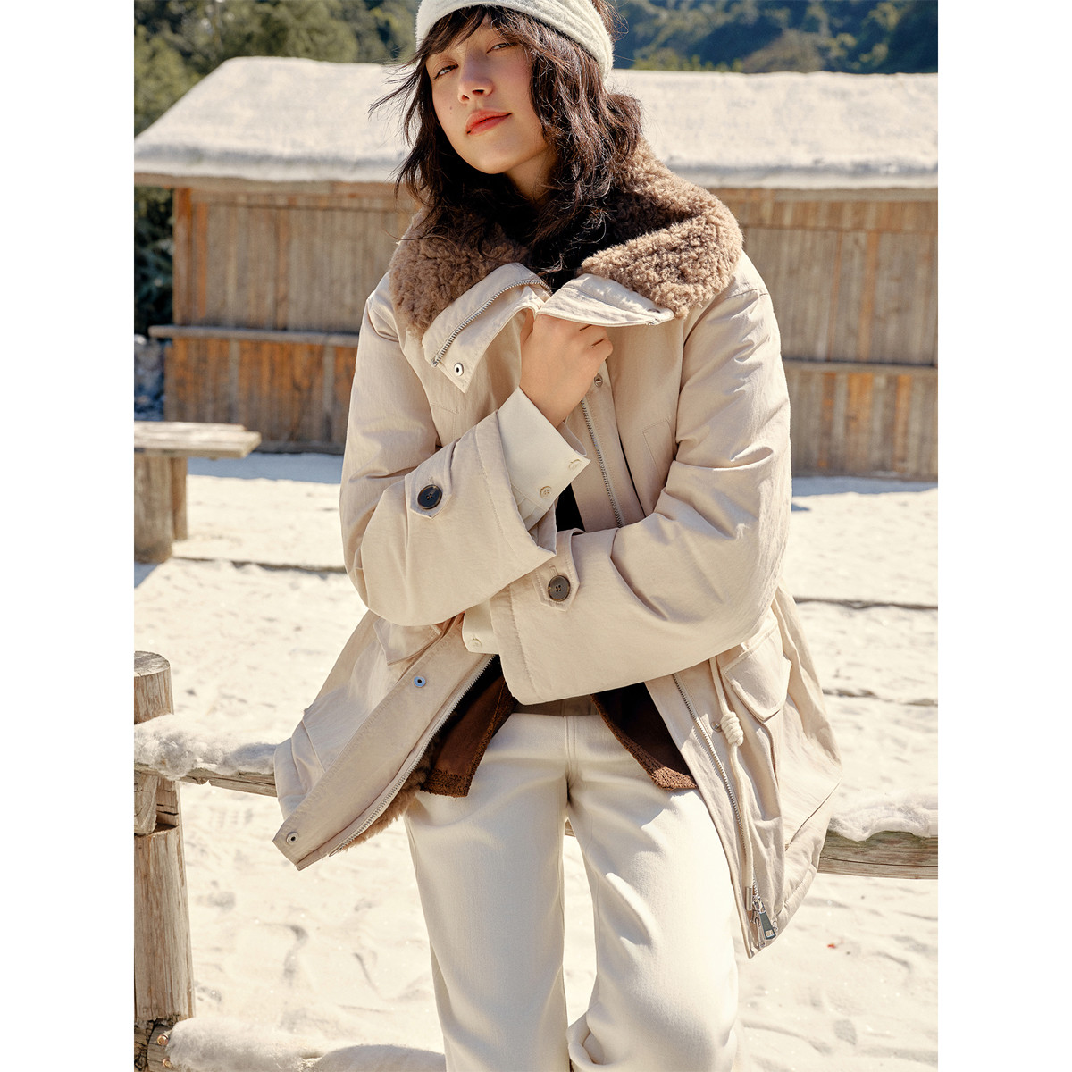 独束大码【冬日牧歌】羽绒服仿羊羔毛翻领派克服短款冬季外套