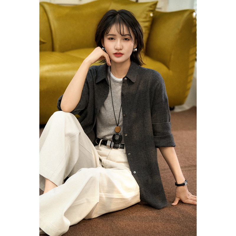 笑涵阁零压力!轻量化美丽诺羊毛衬衫翻领单排扣衬衫小上衣秋季