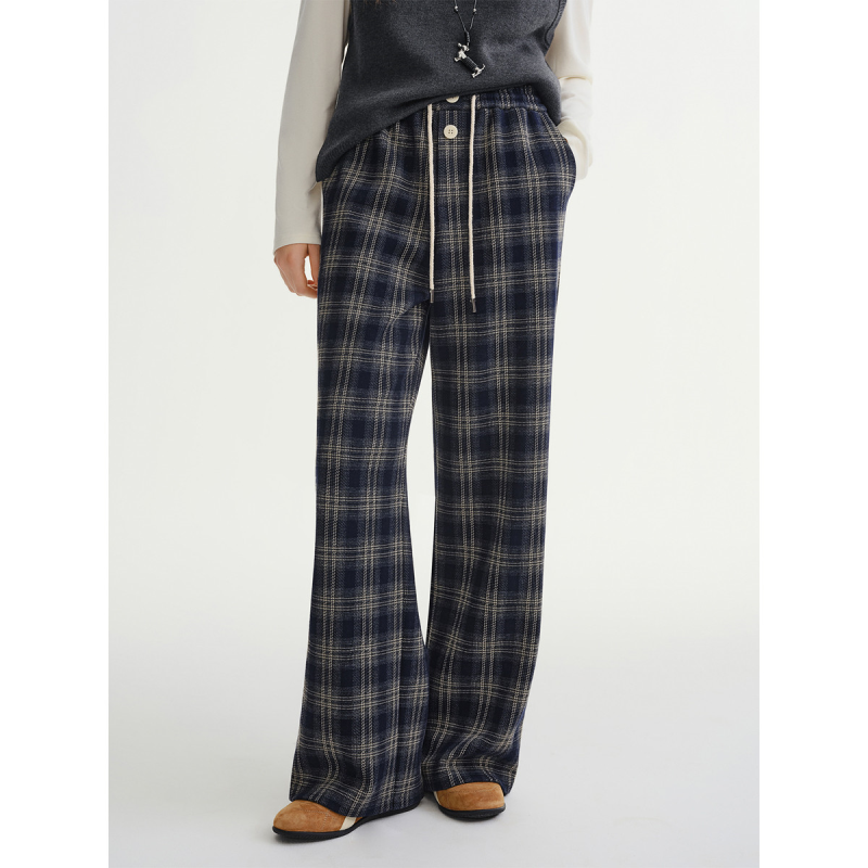 独束大码通勤复古格纹宽松休闲裤女2025秋冬松紧抽绳长裤