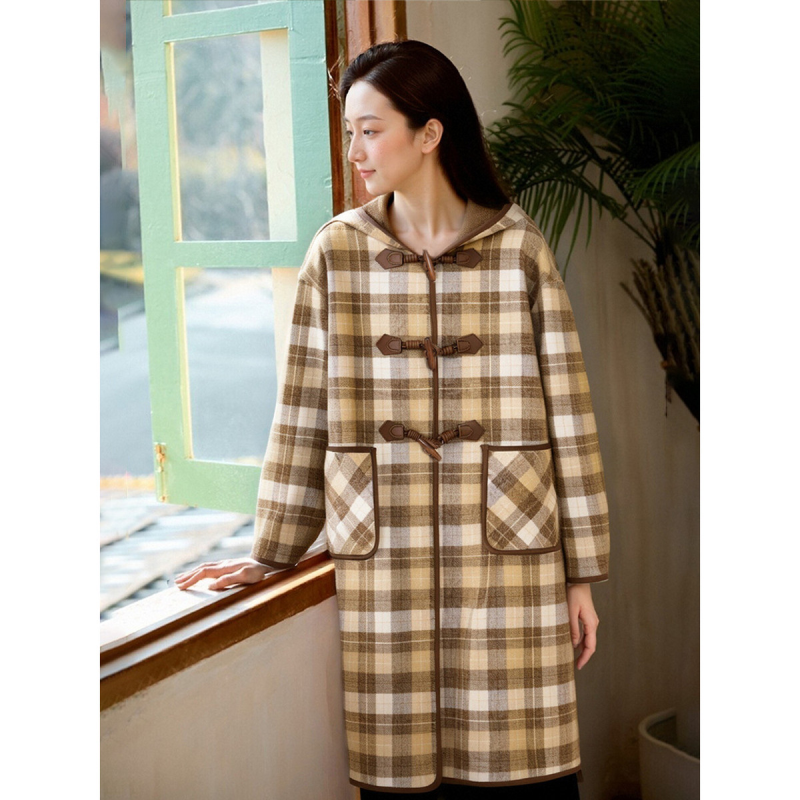 西町村屋65%绵羊毛双面呢女冬学院风复古格纹中长款大衣商场同款