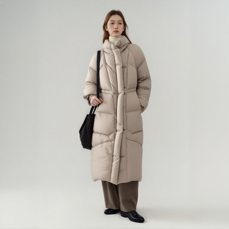 西町村屋90%绒长款羽绒服女冬季韩系连帽白鸭绒外套商场同款