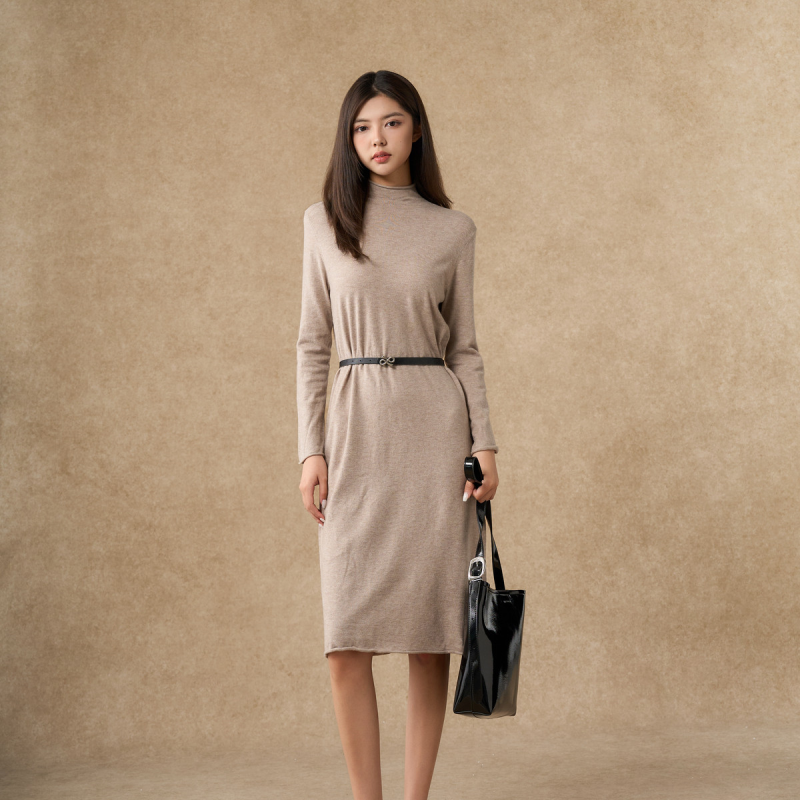 西町村屋休闲中领简约连衣裙女装秋冬气质纯色裙子商场同款