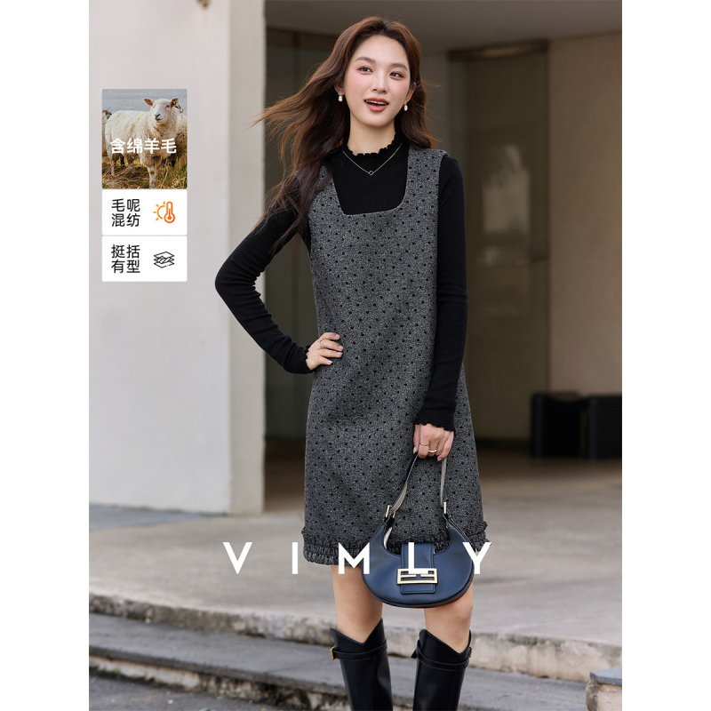 梵希蔓含绵羊毛2025年冬装方领波点背心裙优雅直筒毛呢连衣裙女