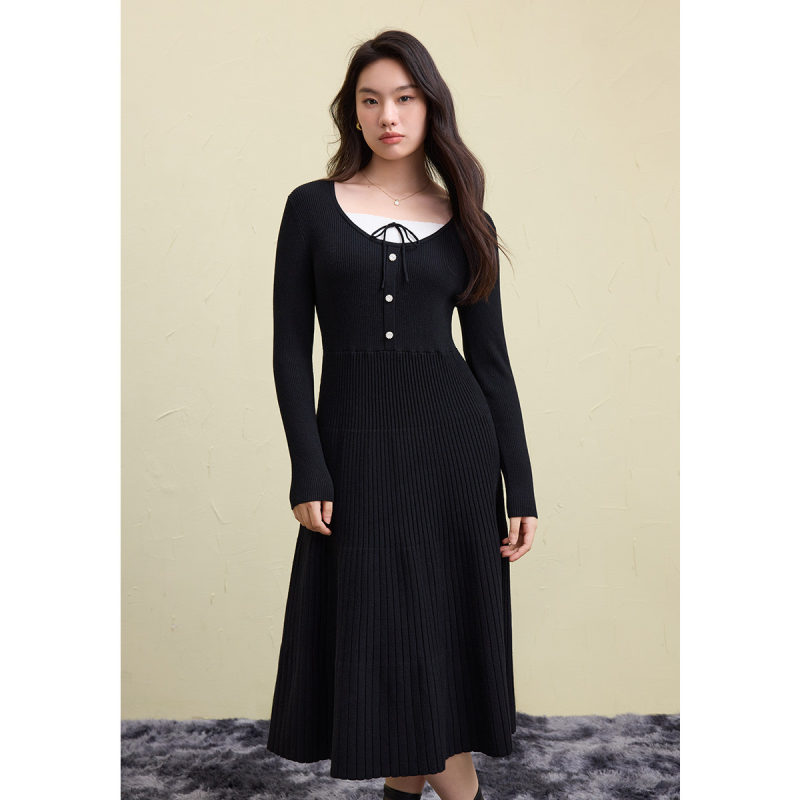 独束大码女装假两件针织连衣裙秋装赫本风气质中长款裙子