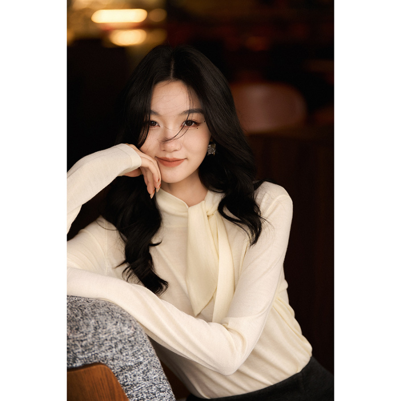 笑涵阁领口温柔系带精纺羊毛羊绒长袖针织衫小上衣打底衫羊毛衫